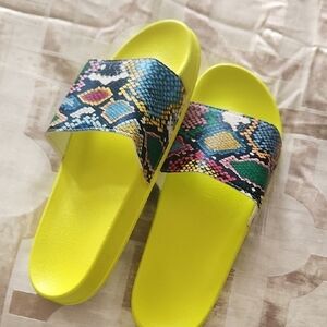 Neon Yellow Snake-Print Slide Sandals